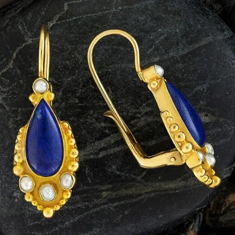 Blue Vintage Earrings in Gold with Pearls Unique Joyas