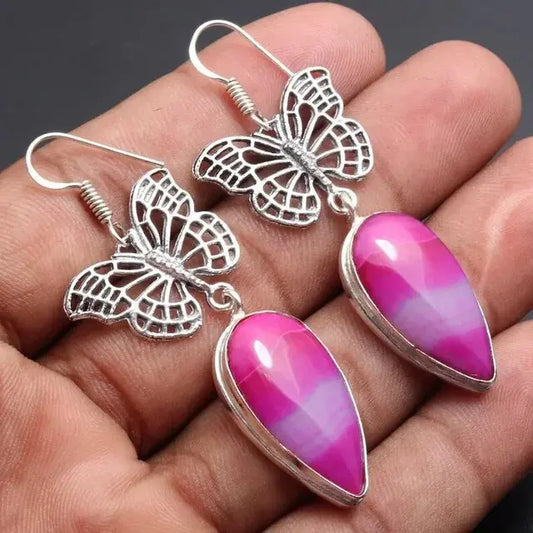 Vintage Butterfly Earrings with Pink Stone Unique Joyas