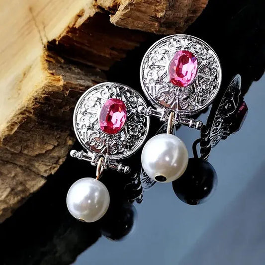 Vintage pearl earrings with pink zirconia Unique Joyas