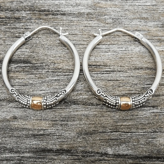 Vintage Silver Carved Pattern Hoop Earrings Unique Joyas