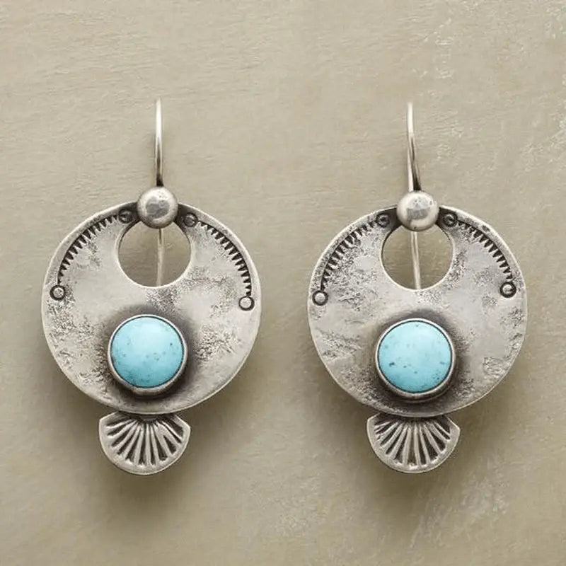 Vintage Round Turquoise Stone Earrings Unique Joyas