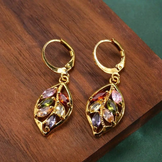 Vintage Golden Leaf Colorful Zirconia Earrings Unique Joyas