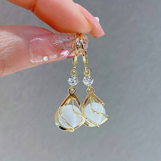 Vintage White Opal Drop Gold Earrings Unique Joyas