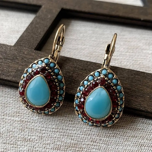 Vintage Blue Opal Mandala Earrings Unique Joyas