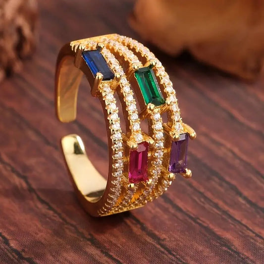 Vintage Gold & Colorful Crystal Ring Unique Joyas