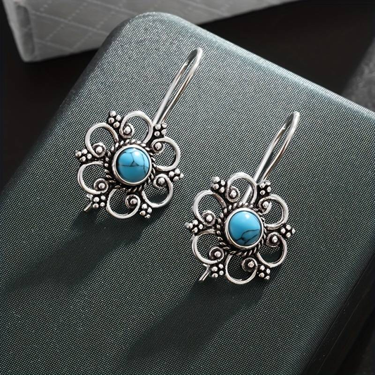 Blue Flower Earrings in Vintage Silver