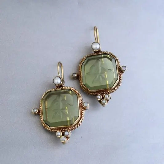 Vintage Green & Pearl Earrings Unique Joyas