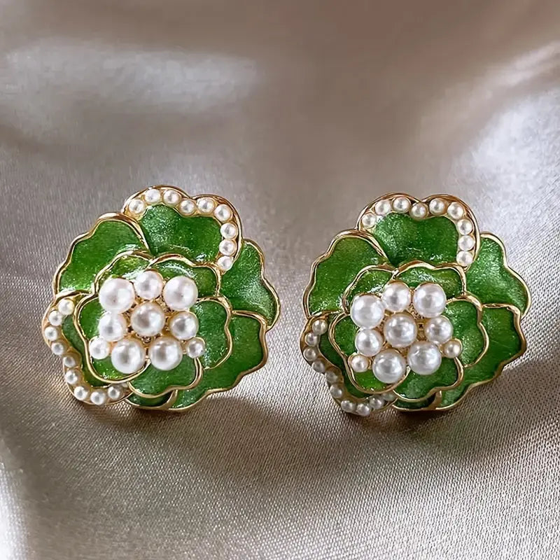 Green Enamel Earrings with Elegant Pearls Unique Joyas