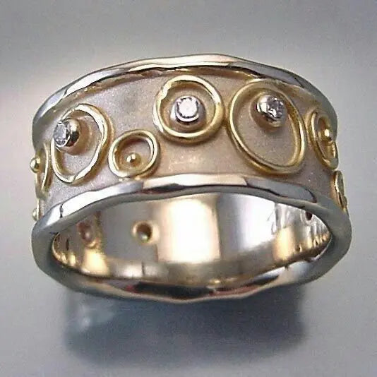 Vintage Intarsia Zirconia Hollow Silver & Gold Ring Unique Joyas