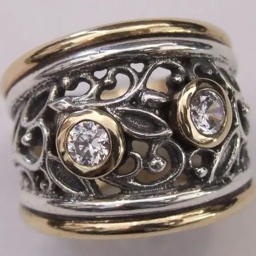 Vintage Hollow Zirconia Silver & Gold Ring Unique Joyas