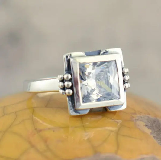 Square Glass Ring with Inlay Unique Joyas