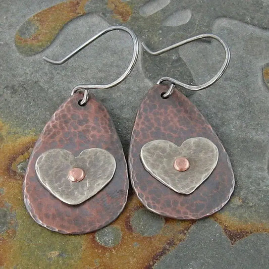 Vintage Bronze Silver Heart Earrings Unique Joyas