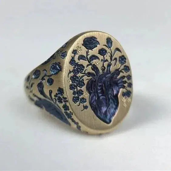 Vintage Blue Flower Gold Ring Unique Joyas