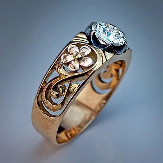 Golden Flower Ring with Zirconia Unique Joyas