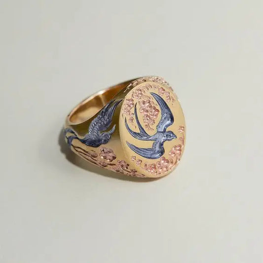 Vintage Blue Gold Hummingbird Ring Unique Joyas