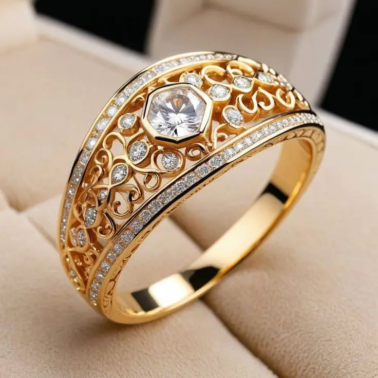 Gold-plated hollow ring with crystal Unique Joyas