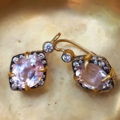 Pink Crystal Earrings in Gold in Vintage Style Unique Joyas