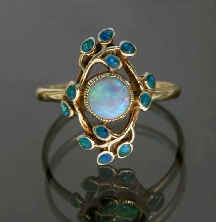 Blue Ring Vintage Crystals and Opal Unique Joyas