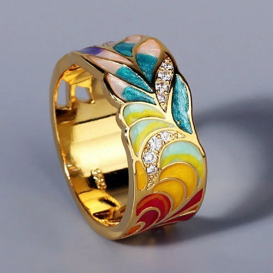 Hand-painted Floral Ring in Vintage Gold Unique Joyas