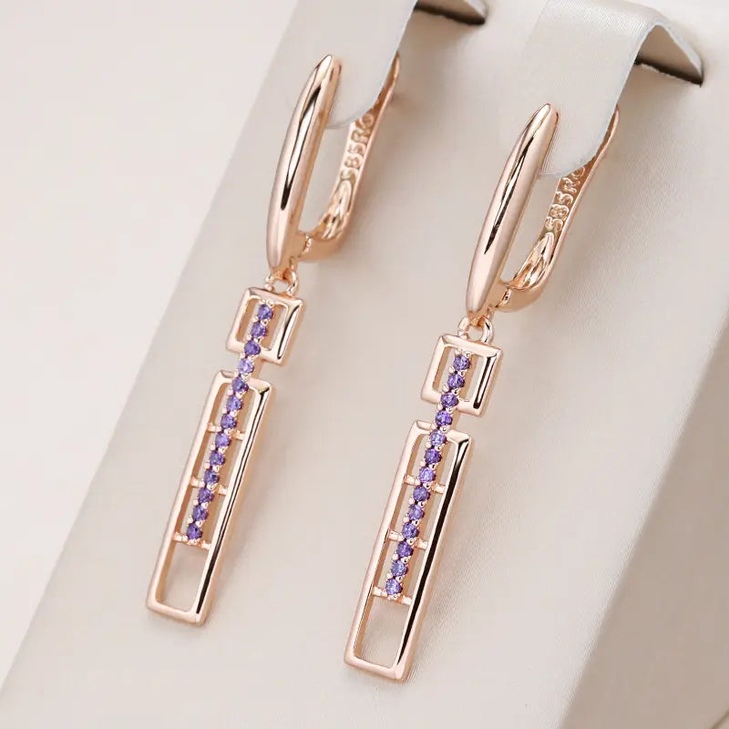 Elegant Rectangular Earrings with Purple Crystals in Gold Unique Joyas