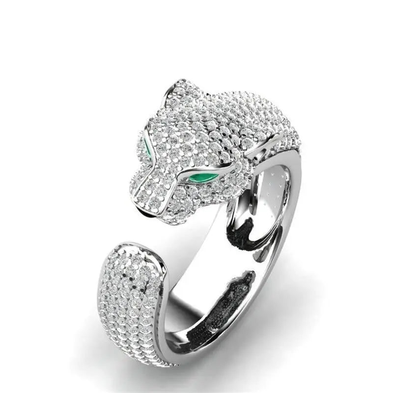 Adjustable Jaguar Ring made of 18K Silver and 18K Rose Gold with Green Zirconia Eyes Unique Joyas