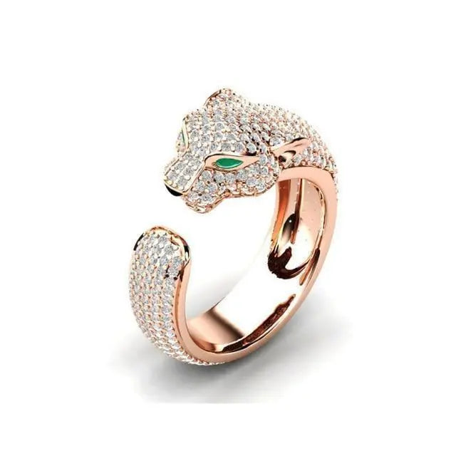 Adjustable Jaguar Ring made of 18K Silver and 18K Rose Gold with Green Zirconia Eyes Unique Joyas