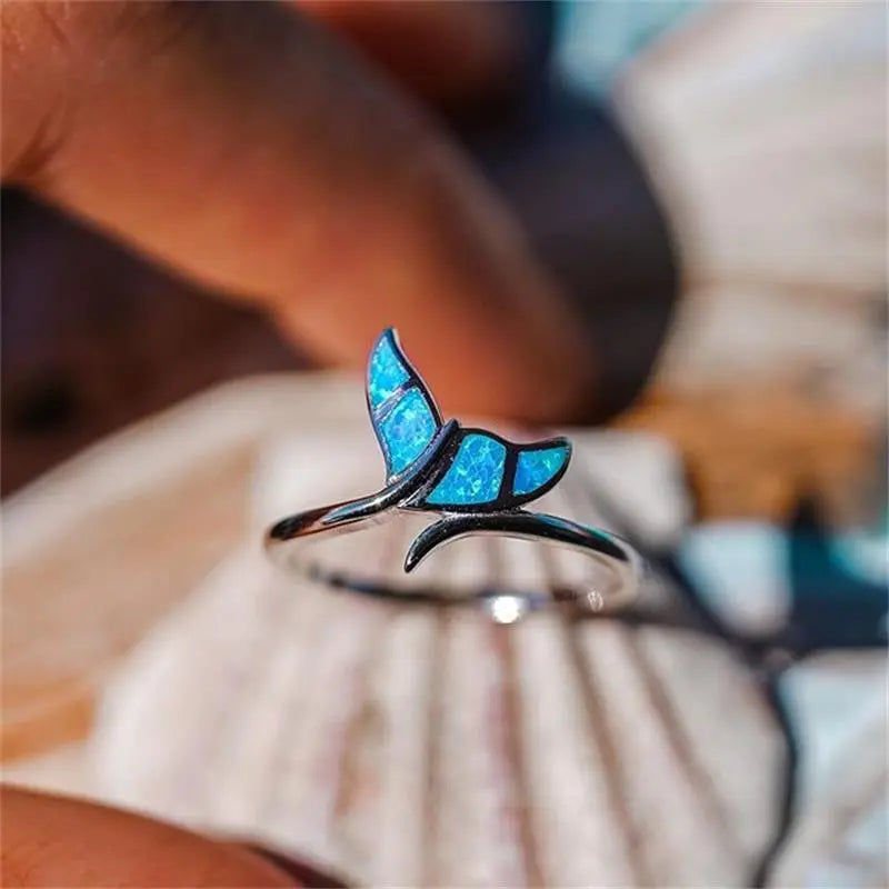 Silver and Opal Whale Tail Ring Unique Joyas