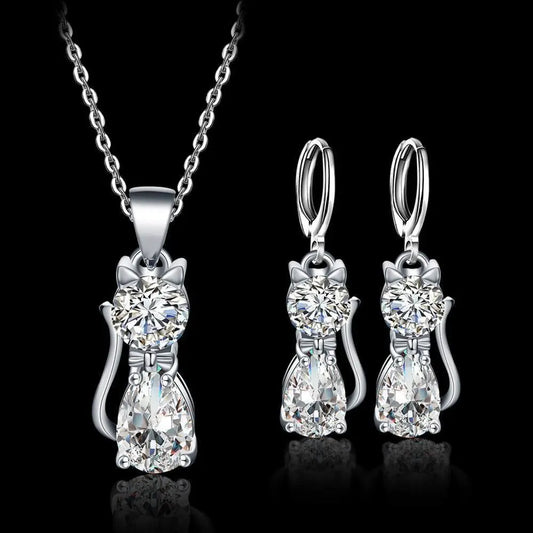 Happy Cats Necklace and Earring Set in Sterling Silver with Polished White Zirconia Unique Joyas