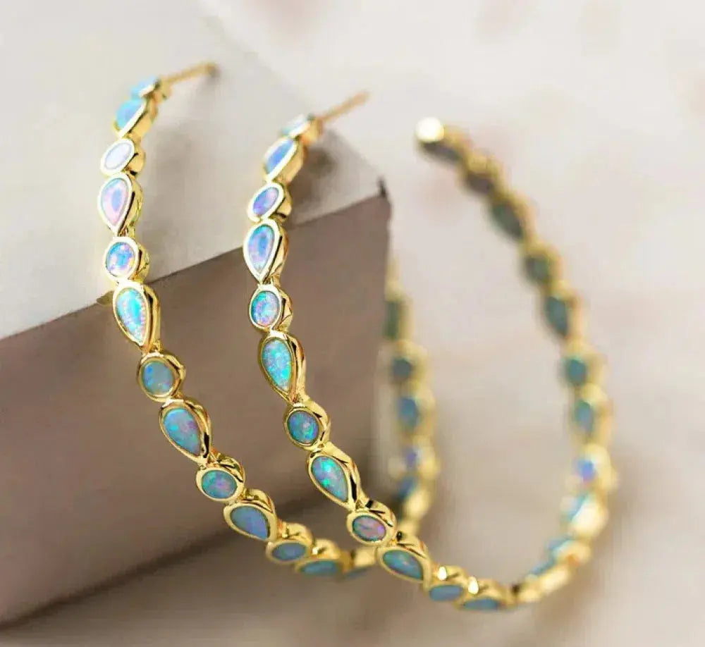 Vintage Blue Opal Golden Hoop Earrings